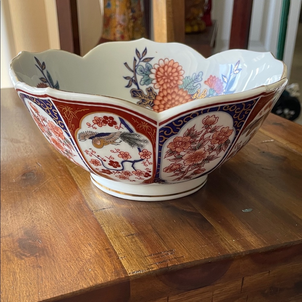 Vintage Imari painted Ceramic Japanese bowl, peacock flower cherry blossom